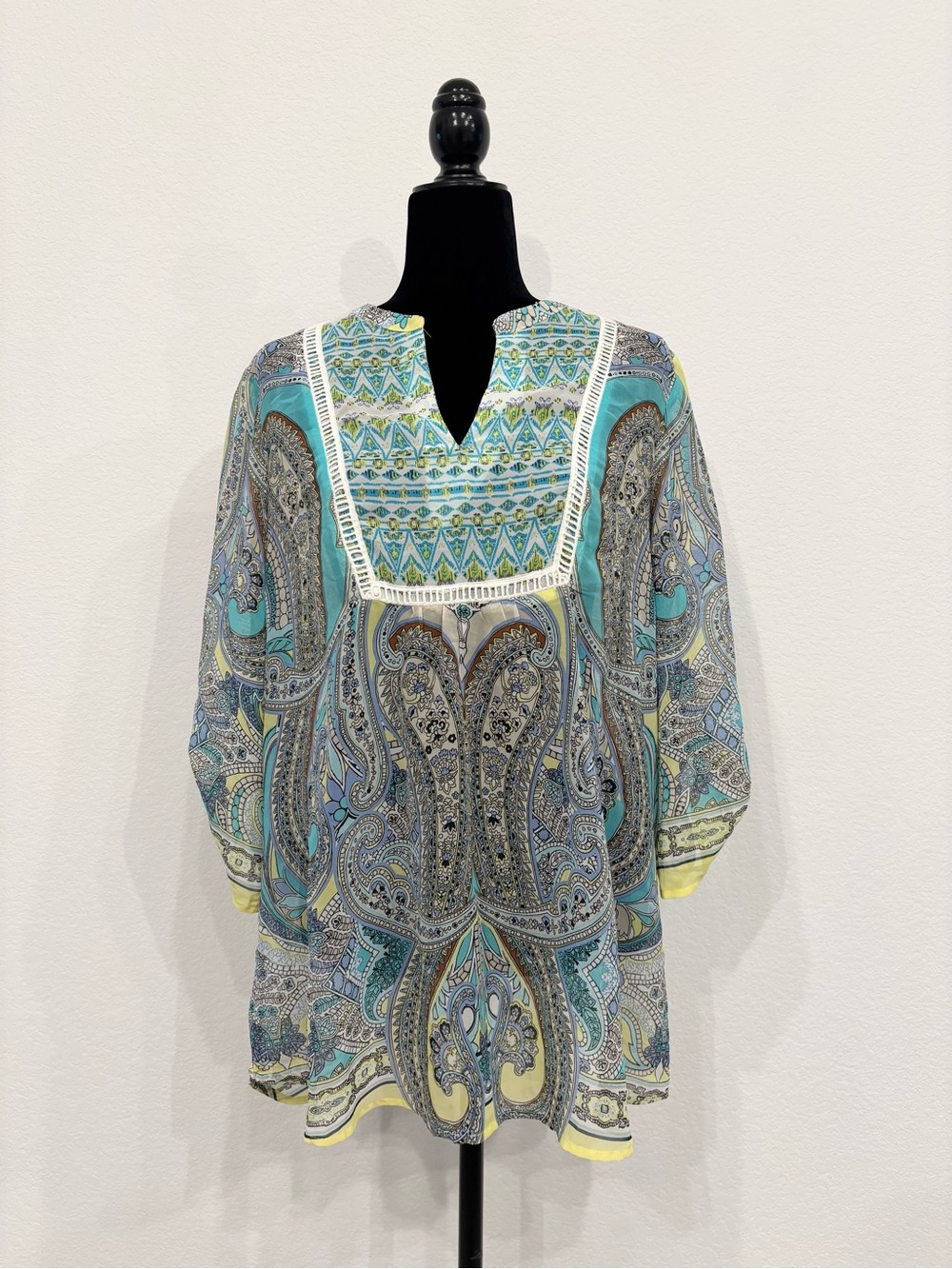 Paisley Split-Neck Peasant Top in Teal and Yellow